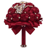 7 Inch Wedding Bouquet Red Satin Flower Bridal Holding Bridesmaid Button Brooch Artificial Rose Bouquet For Indoor Outdoor Wedding Bridal Shower Bouquet Quinceanera (#306 Burgundy)