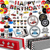 Race Car Birthday Party Decorations, All-In-1 Cars Birthday Decorations With Balloons Checkered Plates Napkins Cake Toppers Honeycombs Tablecloths And Banner Racing Decorations For Race Day, Serve 24