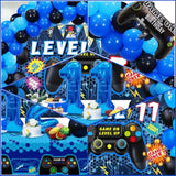 90Pcs Video Game Party Decorations For Boys Set Blue - 11Th Birthday Supplies - Video Game Backdrop, Balloons, Tablecloth, Gamer And Foil Balloons