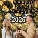 New Year 2026 Party Banner Backdrop Balloons and Hanging Swirls
