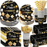 452 Pcs Happy Retirement Party Decorations Men Black Gold Retirement Paper Plates And Napkins Cups Tablecloth Cutlery Straws Disposable Tableware Party Supplies For Men Women