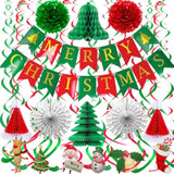 Merry Christmas Banner Pom Poms Paper Fans Tree Hat Streamers Decor
