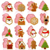 16 Pack Christmas Cookie Cutter Set, 3D Cookie Cutters For Baking Pink Diy Press Cookie Stamps Molds For Kids Gingerbread Man, Christmas Tree, Snowman, Santa, Snowflake, Merry Christmas