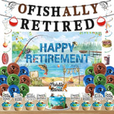 Retirement Party Decorations Men Women, Ofishally Retired Banner Balloons Cake Topper Hanging Swirls Kit, Gone Fishing Themed Happy Retirement Party Supplies For Coworker Photo Backdrop