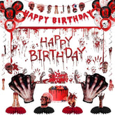 Halloween Birthday Party Decorations, Red Halloween Happy Birthday Banner, Scary Handprint Balloons & Cake Topper, Horror Fake Broken Hands Dismember Honeycomb Hanging Swirl Balloons(36Pc)