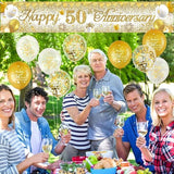 50th Anniversary Decor Set – White & Gold Yard Banner with 18 Balloons for Golden Celebration