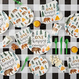 80-Pack One Happy Camper Paper Plates - 9-Inch White Disposable Plates - Forest Bear & Campfire Design - Camping Theme Party & Baby Shower