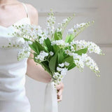 Artificial Lily Of The Valley Faux White Bell Flowers Wind Chime Orchid, Outdoor Bridal Wedding Bouquet For Home Garden Party 8 Pcs (White)