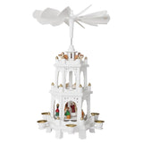 Christmas Pyramid - 18 Inches - White - Wooden Nativity Play - 3 Tier Carousel With 6 Candle Holders - Designed In Germany