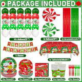 182Pcs Christmas Birthday Banner And Decorations - Green Monster Christmas Birthday Party Supplies With Bnaner, Paper Plates, Balloons, Tablecloth, Napkins, Forks Cups And Foil Curtains