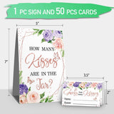 How Many Kisses Bridal Shower Party Game Kit(1 Standing Sign-50 Guessing Cards) Purple Floral Games And Favors For Guests, Bridal Shower Wedding Games Cards For Bride Groom Bachelorette Party Wedding Party Favor