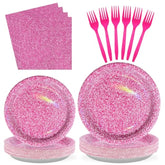 96PCS Hot Pink Party Supplies Set with Holographic Plates & Napkins for 24 Guests