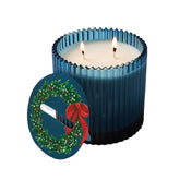 Home For The Holidays Roland Pine Soy Candle, 14 Oz Blue Two-Wick Ribbed Glass Candle