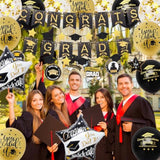 Graduation Decorations Class Of 2025, 12Pcs Black And Gold Balloons With Swirl And Garland Congrats Grad 2025 Banner For College High School Graduation Party Supplies