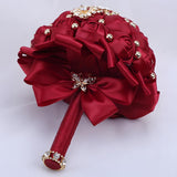 7 Inch Wedding Bouquet Red Satin Flower Bridal Holding Bridesmaid Button Brooch Artificial Rose Bouquet For Indoor Outdoor Wedding Bridal Shower Bouquet Quinceanera (#306 Burgundy)