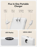 10000mAh USB C Power Bank with Built In Cables AC Wall Plug Portable Phone Charger White