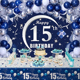 15Th Birthday Decorations For Boys Girls - Navy Blue Birthday Decorations For Boys Girls Including Happy 15Th Birthday Decorations Backdrop Tablecloth Balloon Garland Kit -15Th Bday Decorations