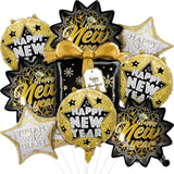 9pc Black Gold New Year 2026 Balloons Shooting Star Leaf Foil Decorations