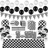 127Pack Race Car Checkered Party Supplies Decoration Kit, Including Banner Pennant Balloons Tablecloth Tableware Goodies Gift Bags, Black And White Party Decorations Pack, Serves 20 Guests