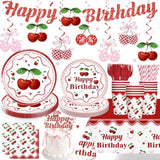 Cherry Birthday Decorations Tableware Set, 20 Serves Disposable Plates And Napkins Set, With Cake Topper, Banner, Tablecloth, For Cherry Party Decorations