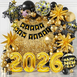 7Pcs 29.5in Black Gold Happy New Year 2026 Foil Balloons Party Decorations