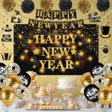 54pcs Black Gold Happy New Year 2026 Party Decor Kit with Banner and Balloons