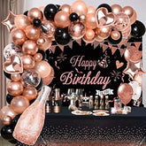 Rose Gold And Black Birthday Decorations For Women Teen Girls, Rose Gold Black Balloons Garland Arch Kit & Backdrop Tablecloth Champagne Star Heart Foil Balloon, Rose Gold Birthday Party Decor