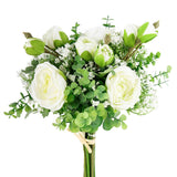 Artificial Babys Breath Flowers Silk White Peony Roses Eucalyptus Leaves Wedding Bridal Bouquets For Table Centerpieces (2 Bundles)
