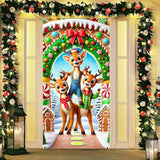 Rudolph Reindeer Merry Christmas Door Cover Banner 35 X 71 Inches Candy Snow Cute Animal Elk Door Banner Christmas Hanging Covers Elk Door Backdrop Winter Holiday Decorations Xmas Eve Party