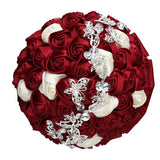 Handmade Rhinestone Wedding Bride Bridesmaid Bridal Bouquet Of Rose Holding Toss Artificial Flowers Bouquets For Bride Wedding Celebration Valentine’S Day Parties Bouquet Decor?Red+Ivory?