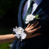 Corsage And Boutonniere Set Rose Adjustable Wrist Corsage For Women Wedding Boutonniere For Men Homecoming For Prom Bridesmaids Groomsmen Anniversary Parties 2Pcs (Black And White)