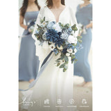Fake Flowers Box, Faux Artificial Greenery Stems Foam Roses Silk Dahlia Fabic Flower For Centerpieces Bouquet Wedding Vase Floral Arrangement Decorations, Dusty Blue & Navy, Grand Combo