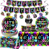 154Pcs Neon Party Supplies Set - Serves 24, Glow In The Dark Party Supplies, Includes Plates, Napkins, Banner, Hanging Swirls, Cups, Cutlery, Tablecloth For Glow Birthday Decorations