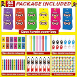 84Pcs Karate Party Favor Colorful Karate Paper Bag Notepad Pen Slap Bracelets Key Chain Tpr Stretchy Flying Toys Stickers Karate Party Supplies For Boys Girls Birthday Classroom Activities Party Kits