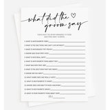 50 Bridal Shower Games What Did The Groom Say (50-Cards) Fun Wedding Game Activity, Decorations, Engagement Party, Rehearsal Dinner, Minimalist Script