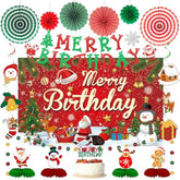 Christmas Birthday Decorations, Red And Green Merry Birthday Banner Paper Fans Hanging Swirls Centerpieces Cake Topper Kit, Christmas Xmas Bday Photo Backdrop Background Party Supplies