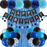 Blue & Black Birthday Decoration Kit: Banner, Balloons, Foil Curtain