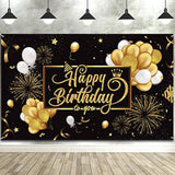 Large Black & Gold Happy Birthday Banner – 72.8x43.3in Fabric Sign with Balloons and Fireworks