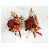 2 Pieces Of Wrist Corsage And Boutonniere Set, Artificial Flowers Accessories Suit Decor For Wedding Prom Party Homecoming Ceremony Anniversary - Red+Orange
