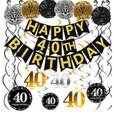 Black & Gold 40th Birthday Decoration Set – Glitter Banner, Poms and Hanging Swirls Party Kit