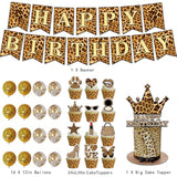 Cheetah Print Birthday Decor Leopard Safari Theme with Balloons Banner Cake Topper