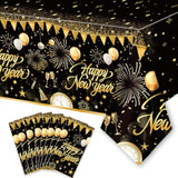6Pcs Black Gold Happy New Year Tablecloth 108x54in Disposable Party Decor