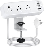 Desk Clamp Power Strip 3 Outlets USB C 6.5FT Flat Plug Desk Mount White