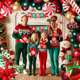 Merry Christmas Red Green Gold Balloon Garland Arch Set 100Pcs With Christmas Tree Santa Candy Cane Star Cookie Mylar Balloons For Winter Xmas New Year'S Eve Decoration