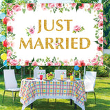 Just Married Wedding Backdrop,Wedding Party Banner with 70.8 X43.3 inch, Floral Bridal Shower Backdrop Banner Sign for Bridal Shower Wedding Engagement Party Decorations Photography Background