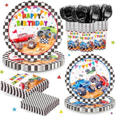 144Pcs Monster Truck Birthday Party Decorations Plates Napkins Disposable Truck Paper Cups Monster Truck Party Supplies Tableware Set For Kids Boys Birthday Decor Serve 24 Guests