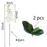 Artificial Phalaenopsis 6 Pcs Artificial Flowers Fake Orchid Flowers Stem Plants With 2 Pcs Leaves For Décor (White)