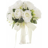 12 Inch Wedding Bouquet With Pearl Crystals Ribbons,Artificial Rose Flower For Bride Bridesmaids Artificial Fake Flowers Fake Flowers Toss Bouquet For Wedding Party Church(White)