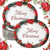 50 Pcs Christmas Paper Plates 10'' X 12'' Oval Disposable Plates Winter Floral Paper Plates Poinsettias Theme Platters For Merry Christmas Supplies Holiday Picnic Dinner Party Tableware