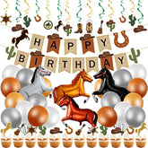 60 Pcs Western Cowboy Birthday Party Decoration, Rodeo Retro Theme Party Supplies Horse Balloons Happy Birthday Banner Cake Topper Hanging Swirls Balloons Kit Western Country Cowboy